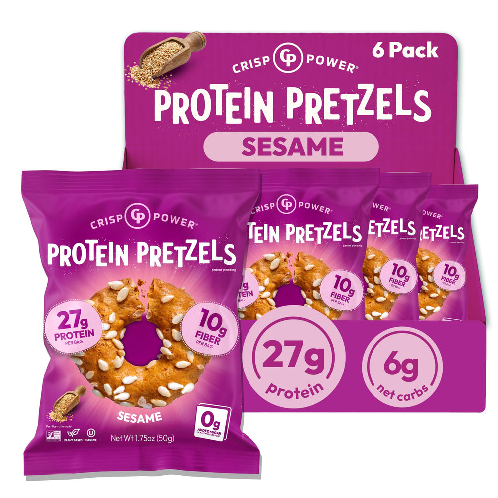 CRISP POWER front packaging of sesame protein pretzels showing branding and 6-pack convenience