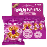 CRISP POWER front packaging of sesame protein pretzels showing branding and 6-pack convenience