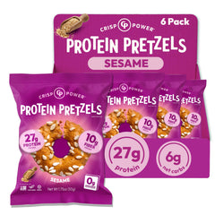 CRISP POWER front packaging of sesame protein pretzels showing branding and 6-pack convenience