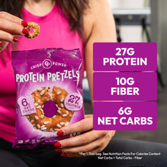 CRISP POWER single portion bag in hand illustrating portability and on-the-go protein benefit