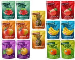 Crispy Green variety pack front view showing all 14 single-serve bags and convenience