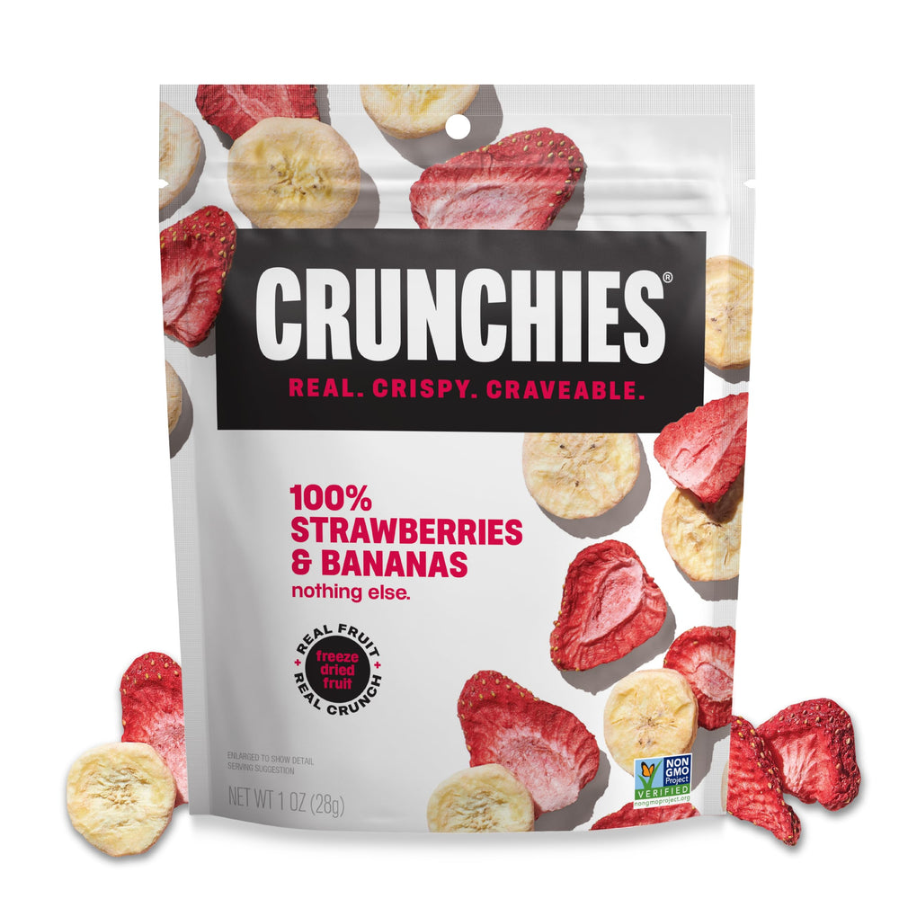 Crunchies front packaging showing strawberry banana pouches and benefits