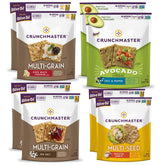 Crunchmaster variety pack front view showing eight gluten-free boxes and convenience