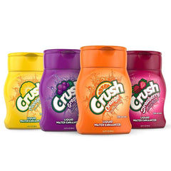 Crush front packaging showing four bottles and label, brand clarity and variety
