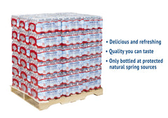 Crystal Geyser bottle close-up of cap and label highlighting spill-prevention benefit