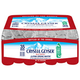 Crystal Geyser front packaging showing 35-pack and brand for reliable storage