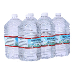 Crystal Geyser front pack showing six 128 fl oz jugs and labels for clear sourcing benefit