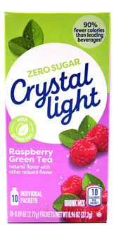 Crystal Light front packaging shown, clear raspberry green tea branding and benefit