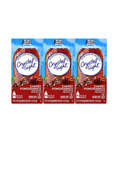 Crystal Light front packaging showing cherry pomegranate flavor and convenience
