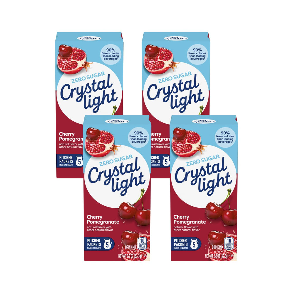 Crystal Light front packaging showing Cherry Pomegranate flavor and calorie benefit