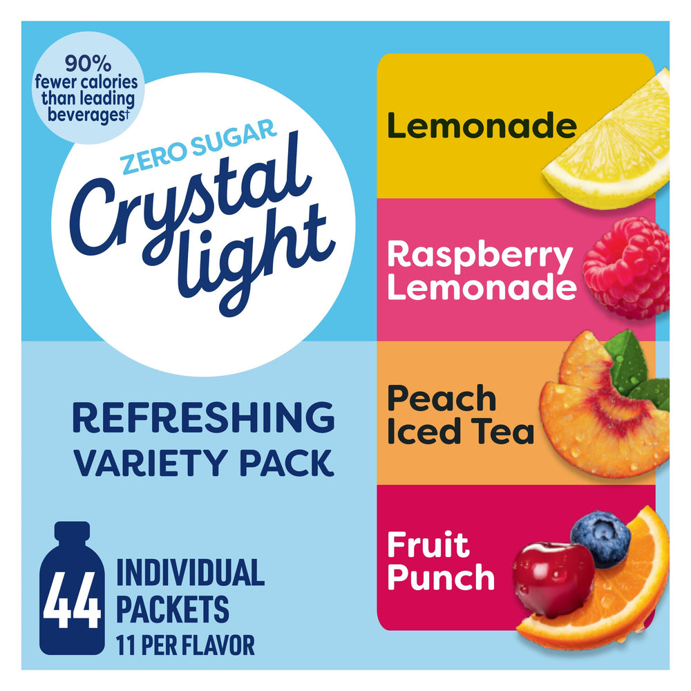 Crystal Light front box showing variety pack and flavors for portable hydration