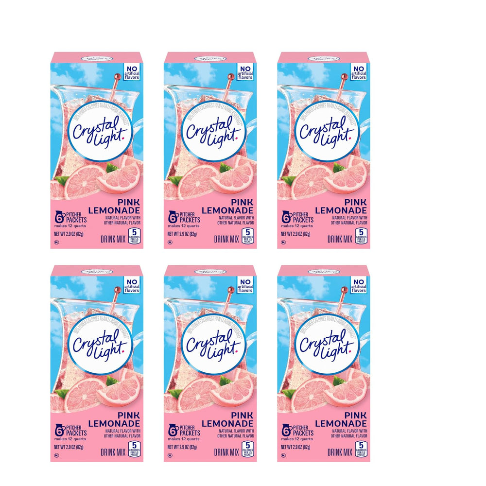 Crystal Light front packaging showing six pink lemonade canisters for convenient refreshment