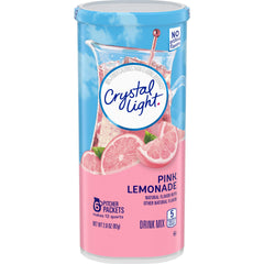 Crystal Light pink lemonade front packet showing branding and flavor benefits