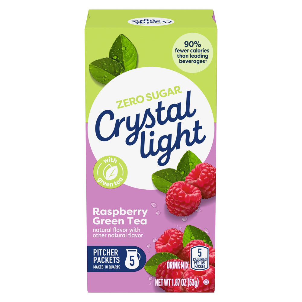 Crystal Light front packaging showing raspberry green tea, clear contents benefit