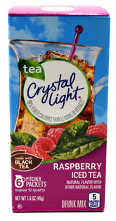 Crystal Light front packaging showing Raspberry Iced Tea and pitcher packets for easy serving