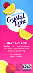 Crystal Light canister open showing raspberry lemonade powder, easy mixing