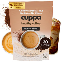 Cuppa front packaging showing medium roast mushroom coffee benefits