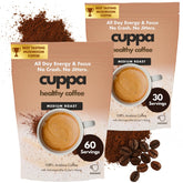 Cuppa Healthy Coffee front packaging showing product branding and 90 servings benefit