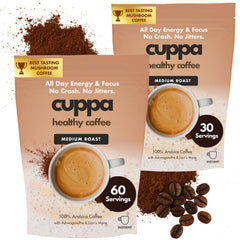 Cuppa Healthy Coffee front packaging showing product branding and 90 servings benefit