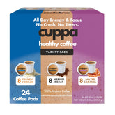 Cuppa Healthy Coffee front packaging showing benefits and 24 pods for convenience
