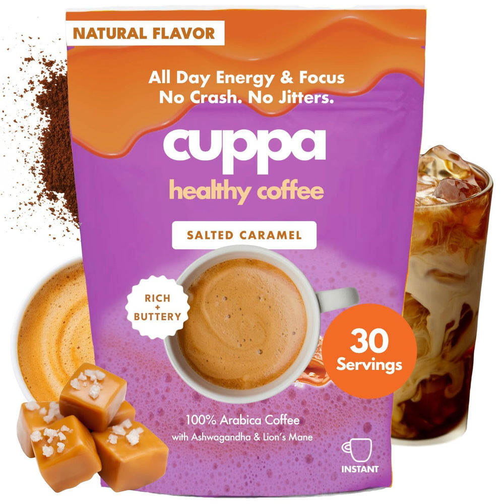 Cuppa Healthy Coffee front packaging showing salted caramel blend and benefits