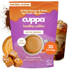 Cuppa Healthy Coffee front packaging showing salted caramel blend and benefits