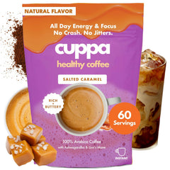 Cuppa Healthy Coffee front packaging showing salted caramel flavor and benefits