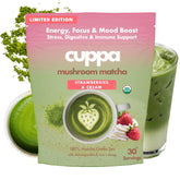Cuppa Healthy Coffee front canister showing strawberries and cream matcha branding and servings