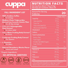 Cuppa Healthy Coffee open tub displaying powder and ingredient blend benefit