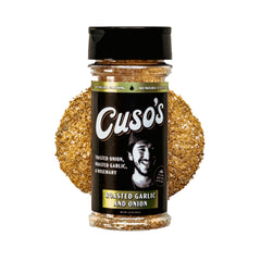 Cuso Cuts front label showing roasted garlic and onion flavor and clear benefit