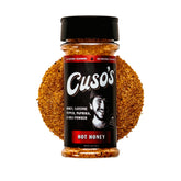 Cuso Cuts front packaging showing hot honey BBQ rub and clear label benefit