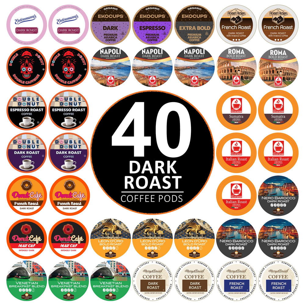 Custom Variety Pack front packaging showing 40 dark roast pods and brand mix for convenience