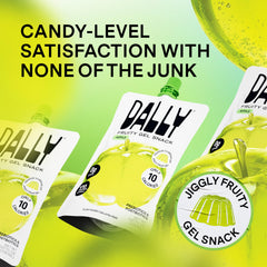 DALLY close-up of apple konjac pouch label highlighting real fruit extract