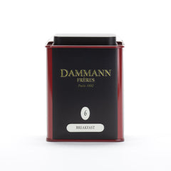 Dammann Freres tin beside teaspoon showing tin size and easy measuring