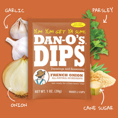 Dan-O’s French Onion packet label focused view and aromatic savory benefit