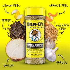 Dan-O’s Lemon Pepper close-up texture showing citrus zest and pepper for bright flavor