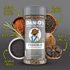 Dan-O's SEA-soning bottle near sea salt illustrating seafood-friendly lift