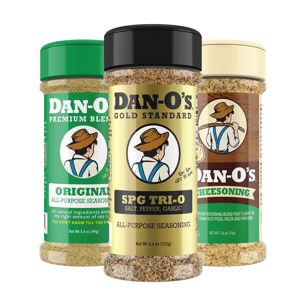 Dan-O’s three-bottle front packaging showing SPG Tri-O, Original, Cheesoning benefits