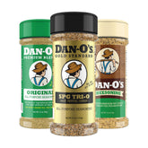 Dan-O’s three-bottle front packaging showing SPG Tri-O, Original, Cheesoning benefits