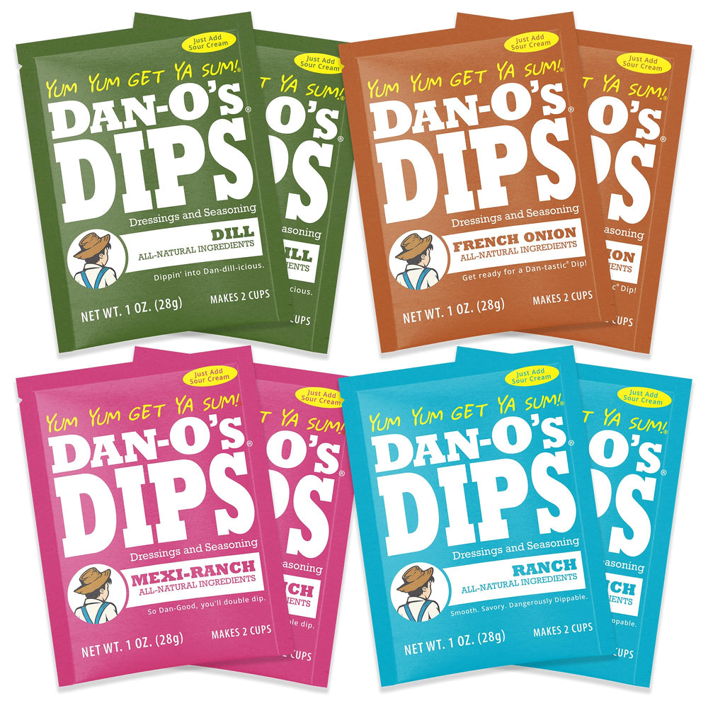 Dan-O’s variety pack front packaging showing four dip flavors and convenience