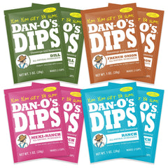 Dan-O’s variety pack front packaging showing four dip flavors and convenience