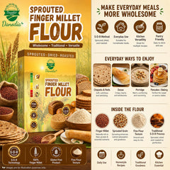 bowl and scoop of Danodia Foods finger millet flour demonstrating precise measuring convenience