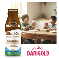 Darigold FIT bottle beside filled glass showing serving size clarity