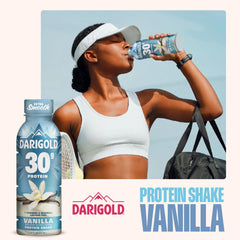 Darigold vanilla protein shake label and nutrition facts highlighting 30g protein
