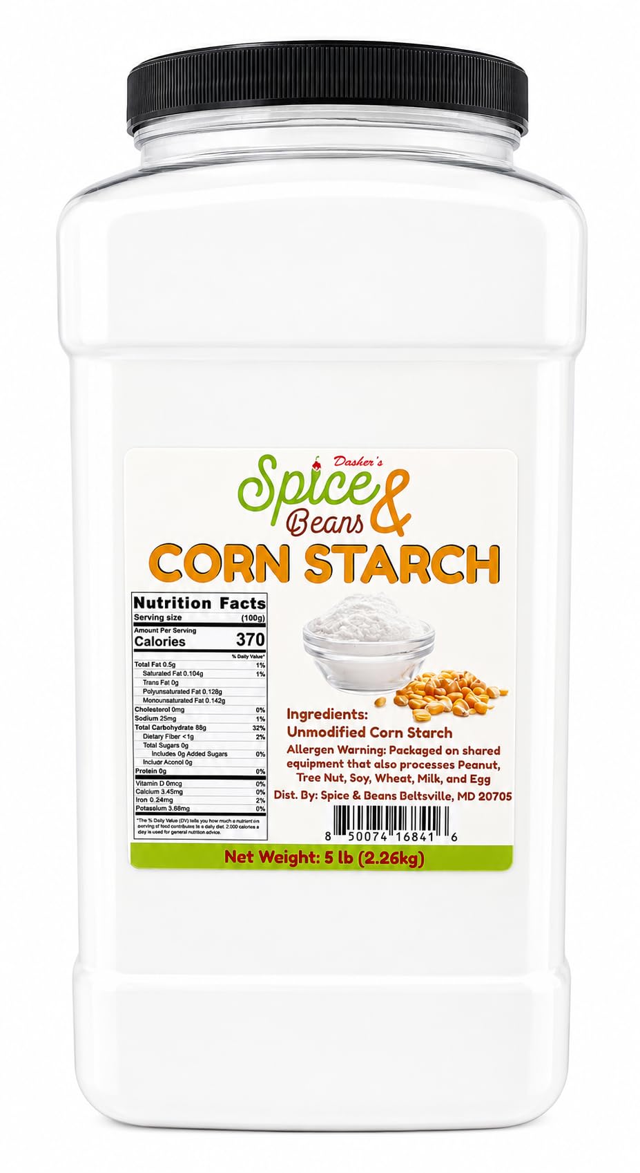 DASHER'S SPICE & BEANS front packaging shows resealable 5 lb tub for bulk storage benefit