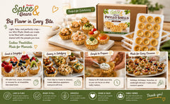 DASHER'S SPICE & BEANS cups filled with savory seafood and herb toppings for parties