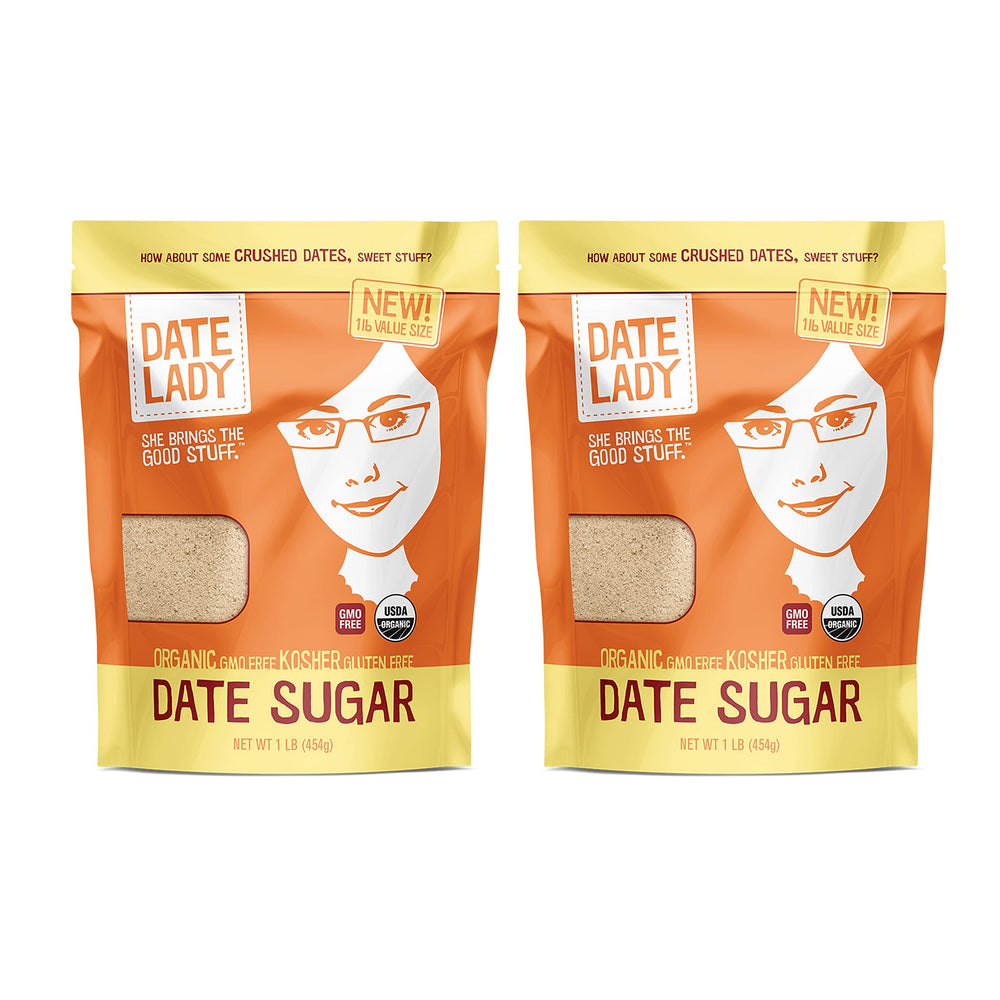 Date Lady front packaging showing 1 lb bag and organic label, highlights pantry-ready convenience