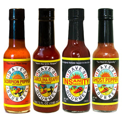 Dave's Gourmet 4-pack front view showing all four hot sauces for bold tasting