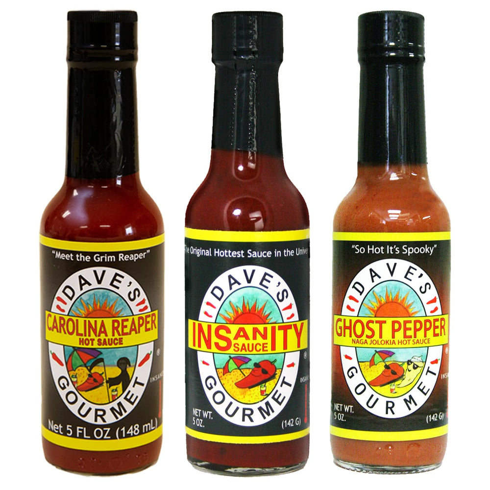 Dave's Gourmet front packaging showing three hot sauce bottles and bold branding benefit: easy gift set
