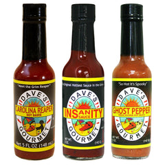 Dave's Gourmet front packaging showing three hot sauce bottles and bold branding benefit: easy gift set